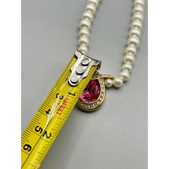 Signed Marvella Pearls Necklace with Pink Stone & Rhinestones Accents Gold Tone - Picture 12 of 12